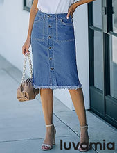 luvamia Women's Casual Mid Rise Button Down Frayed Raw Hem Fit Denim Jean Skirt