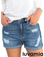 luvamia Women's Ripped Denim Jean Shorts High Waisted Stretchy Folded Hem Short Jeans