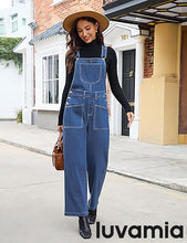 LUVAMIA Women's Denim Wide Leg Jumpsuit Side Snap Closure Five Pocket Utility