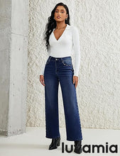 LUVAMIA  Women's High Rise Flare Jeans Washed Denim Trousers Studded Details Retro Style