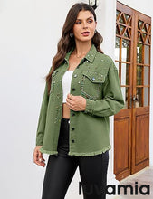 luvamia Jean Jacket for Women Trendy Rhinestone Embellished Long Sleeve Denim Jackets with Pockets
