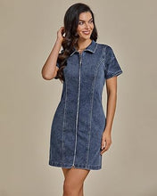 LUVAMIA Women's Short Sleeve Slim Tight Shirt-Neck Symmetrical Simple Versatile Denim Dress