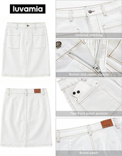 luvamia FleXclusive Jean Skirts for Women High Waisted Trendy Stretchy A-line Contrast Stitching Patch Pocket Short Denim Skirt