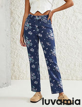 luvamia Straight Leg Jeans for Women Floral Printed High Waisted Trendy Cute Vintage Stretchy Denim Pants Boho Jeans