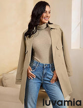 luvamia Trench Coat Women Mid Length Classic Double Breasted Lapel Business Casual Fall Jacket Coats Outerwear with Belt