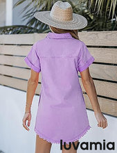 luvamia Denim Dress for Women Button Down Short Sleeves Casual Summer Jean Shirt Dresses with Pockets Frayed Hem