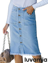 luvamia Women's Casual Mid Rise Button Down Frayed Raw Hem Fit Denim Jean Skirt