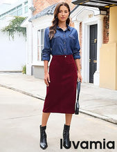 LUVAMIA 2025 Fall Winter Women's Corduroy Midi Skirt - High Waist Elastic Waistband Comfort Casual Solid Color Skirt