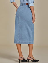 LUVAMIA Women's Skirts High Waisted Below Knee Split Hem Denim Bodycon Midi