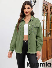 luvamia Jean Jacket for Women Trendy Rhinestone Embellished Long Sleeve Denim Jackets with Pockets