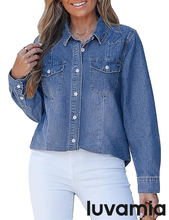 luvamia FleXclusive Denim Shirts for Women Long Sleeve Button Down Chambray Relaxed Fit Western Jean Shirts Casual Collared Jean Top