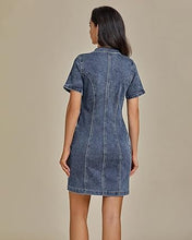 LUVAMIA Women's Short Sleeve Slim Tight Shirt-Neck Symmetrical Simple Versatile Denim Dress