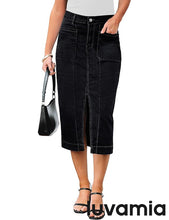 LUVAMIA Women's Skirts High Waisted Below Knee Split Hem Denim Bodycon Midi