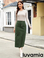 luvamia Corduroy Skirts for Women Midi Length High Waisted Button Fly Fall Casual Elastic Waist Long Skirt with Slit