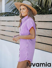 luvamia Denim Dress for Women Button Down Short Sleeves Casual Summer Jean Shirt Dresses with Pockets Frayed Hem