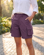 luvamia Cargo Shorts Women High Waisted Casual Elastic Waist 7" Inseam Mid Thigh Hiking Golf Shorts with Utility Pockets