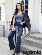 LUVAMIA  Women's High Rise Flare Jeans Washed Denim Trousers Studded Details Retro Style