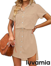 luvamia Women Casual Denim Dress Short Sleeve Tie Waist Classic Jean Shirt Dress