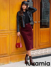 LUVAMIA 2025 Fall Winter Women's Corduroy Midi Skirt - High Waist Elastic Waistband Comfort Casual Solid Color Skirt
