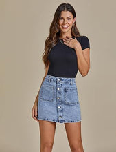 LUVAMIA Women's Denim Bodycon High Waist Button Front Pull-On Mini Skirt