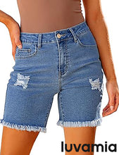LUVAMIA Women's High Waisted Distressed Raw Hem Stretch Denim Shorts