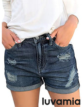 luvamia Women's Ripped Denim Jean Shorts High Waisted Stretchy Folded Hem Short Jeans