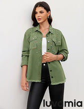 luvamia Jean Jacket for Women Trendy Rhinestone Embellished Long Sleeve Denim Jackets with Pockets
