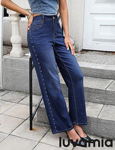 LUVAMIA  Women's High Rise Flare Jeans Washed Denim Trousers Studded Details Retro Style