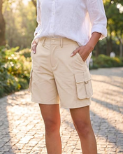 luvamia Cargo Shorts Women High Waisted Casual Elastic Waist 7" Inseam Mid Thigh Hiking Golf Shorts with Utility Pockets