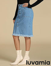 luvamia Women's Casual Mid Rise Button Down Frayed Raw Hem Fit Denim Jean Skirt