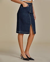 LUVAMIA Women's Brief Denim Midi Knee-Length Skirt Vintage Split High-Waist