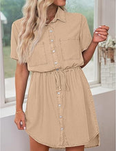 luvamia Women Casual Denim Dress Short Sleeve Tie Waist Classic Jean Shirt Dress