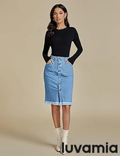 luvamia Women's Casual Mid Rise Button Down Frayed Raw Hem Fit Denim Jean Skirt