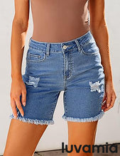 LUVAMIA Women's High Waisted Distressed Raw Hem Stretch Denim Shorts