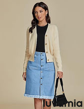 luvamia Women's Casual Mid Rise Button Down Frayed Raw Hem Fit Denim Jean Skirt