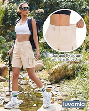 luvamia Cargo Shorts Women High Waisted Casual Elastic Waist 7" Inseam Mid Thigh Hiking Golf Shorts with Utility Pockets