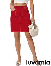 luvamia FleXclusive Jean Skirts for Women High Waisted Trendy Stretchy A-line Contrast Stitching Patch Pocket Short Denim Skirt