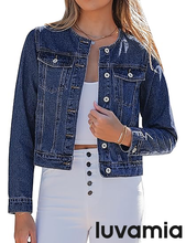 luvamia FleXclusive Women's Button Down Long Sleeves Crew Neck Denim Jacket