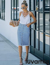 luvamia Women's Casual Mid Rise Button Down Frayed Raw Hem Fit Denim Jean Skirt