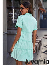 luvamia Women's Casual Short Sleeve Button Down Tiered Denim Babydoll Jean Dress