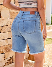 luvamia FleXclusive Jean Bermuda Shorts for Women Trendy Mid Rise Raw Hem Knee Length Stretchy Denim Long Shorts Summer Casual Jorts