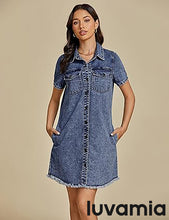 LUVAMIA Women's Midi Sundresses Crewneck short Sleeve Denim Casual Dress
