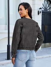 luvamia FleXclusive Women's Button Down Long Sleeves Crew Neck Denim Jacket