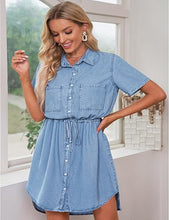 luvamia Women Casual Denim Dress Short Sleeve Tie Waist Classic Jean Shirt Dress