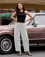 luvamia Barrel Jeans for Women Trendy Baggy Wide Leg Striped High Waisted Cropped Casual Pinstripe Stretchy Denim Pants