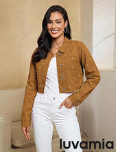 luvamia Cropped Jean Jacket Women Trendy Rhinestone Embellished Going Out Party Short Stretchy Trucker Denim Jackets
