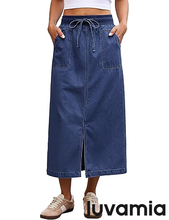 luvamia FleXclusive Jean Skirts for Women High Waisted Midi Denim Drawstring Elastic Waist Long Skirt with Pockets Front Slit