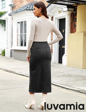 luvamia Corduroy Skirts for Women Midi Length High Waisted Button Fly Fall Casual Elastic Waist Long Skirt with Slit