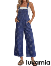 luvamia FleXclusive Denim Overalls for Women Wide Leg Capri Jean Jumpsuit Loose Fit Summer Stretchy Bib Overall Embroidered Raw Hem