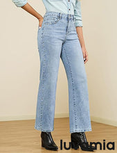 LUVAMIA  Women's High Rise Flare Jeans Washed Denim Trousers Studded Details Retro Style
